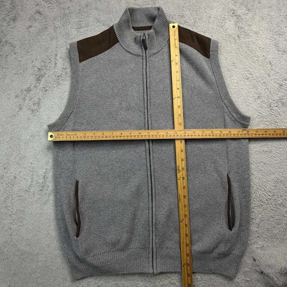 Chaps Mens Gray Full Zip Cotton Sweater Vest Mock Neck Suede Trim Large EUC!